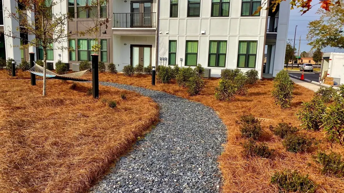 Beds due for a top-up Faded golden straw beds along a gravel path, ready for a fresh top layer