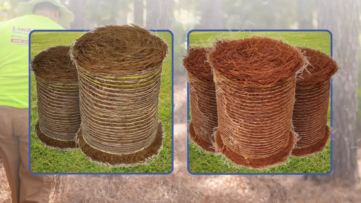Natural next to dyed red Two natural longleaf rolls beside copper red dyed rolls, framed for easy comparison