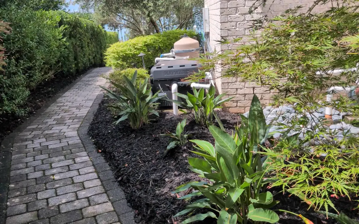 Dark mulch bed running between a paver side path and the brick house wall